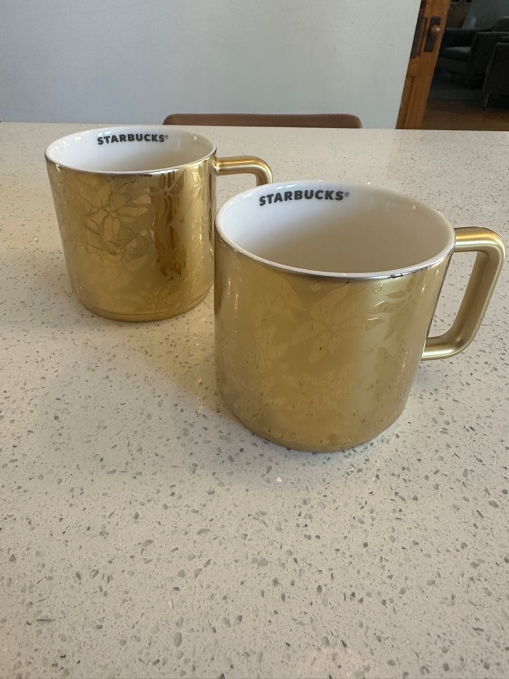 TWO Starbucks goldCeramic Coffee Mug - Metallic Gold poinsettia 2025 holiday mug